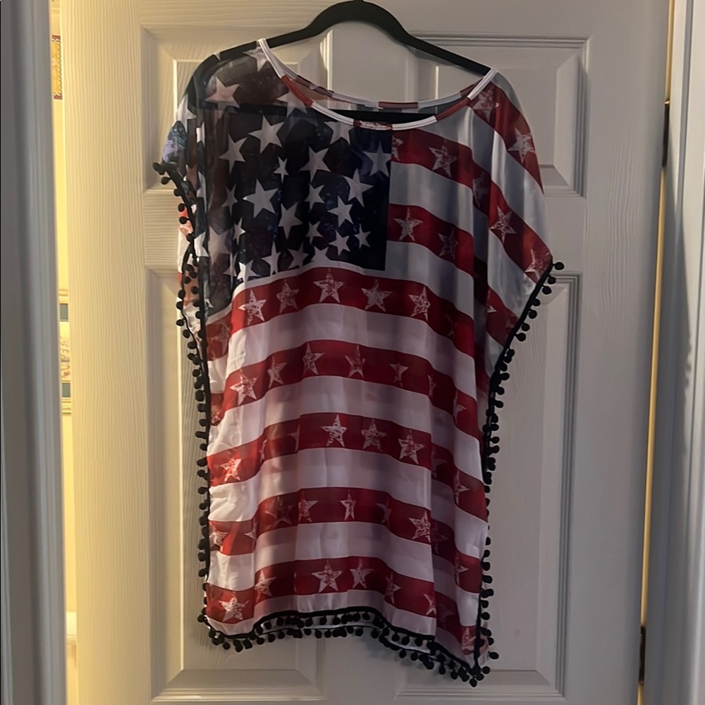 American Flag Poncho with Pom Pom Trim